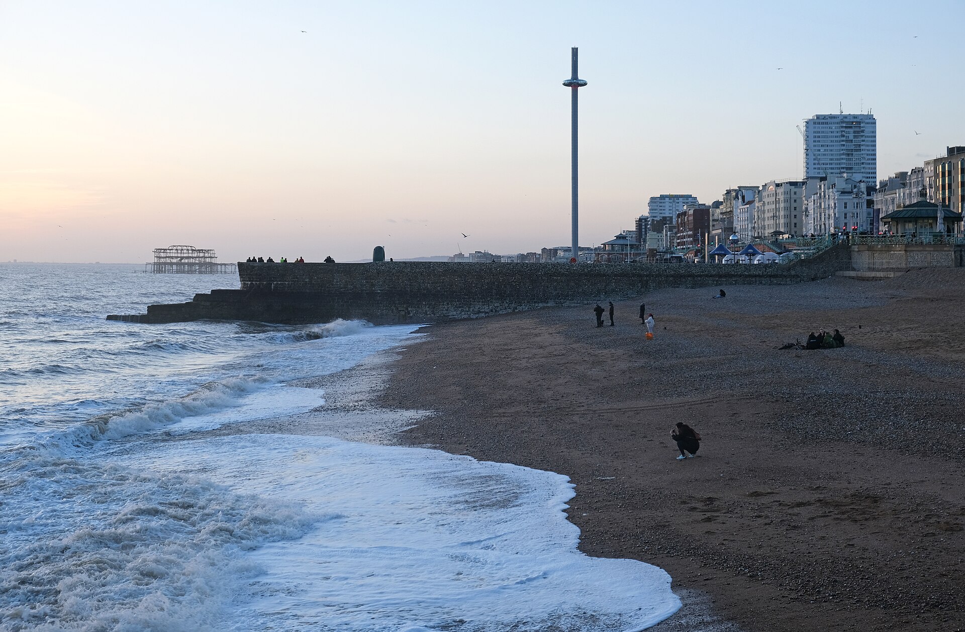 Beach at dusk with waves and i360 (January)