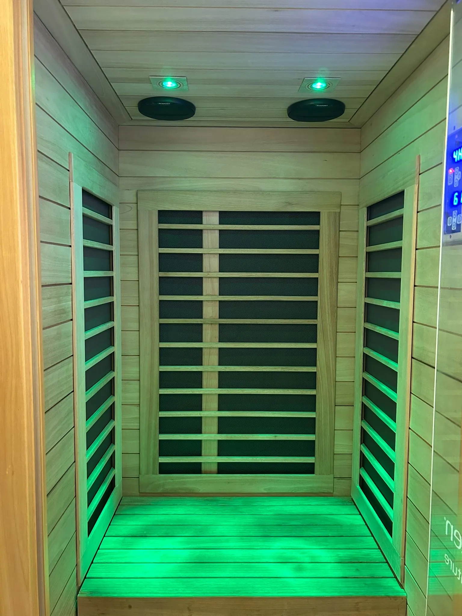 Inside the infrared sauna cabin