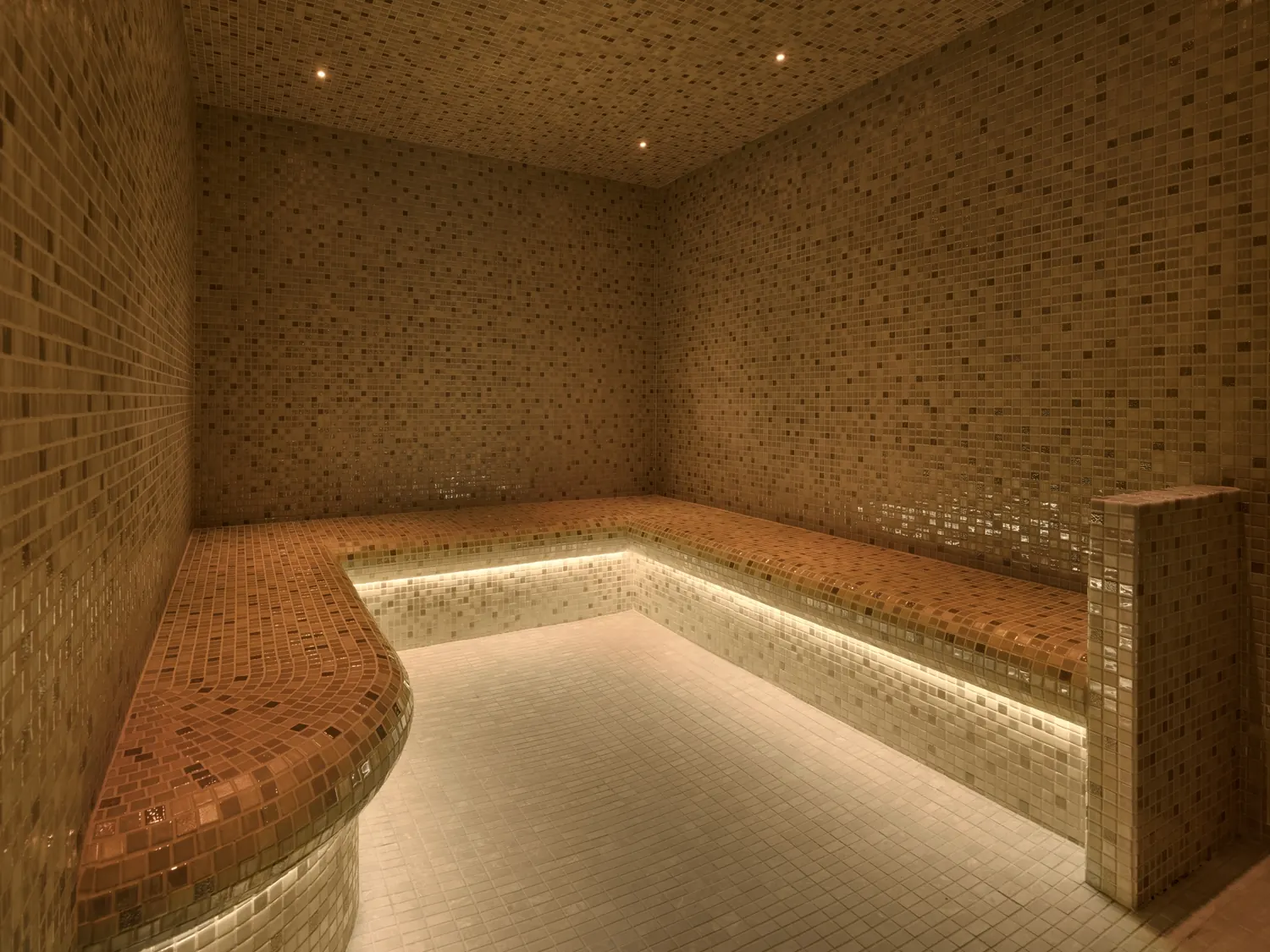 Empty mosaic-tiled steam room with heated bench and underlit seating