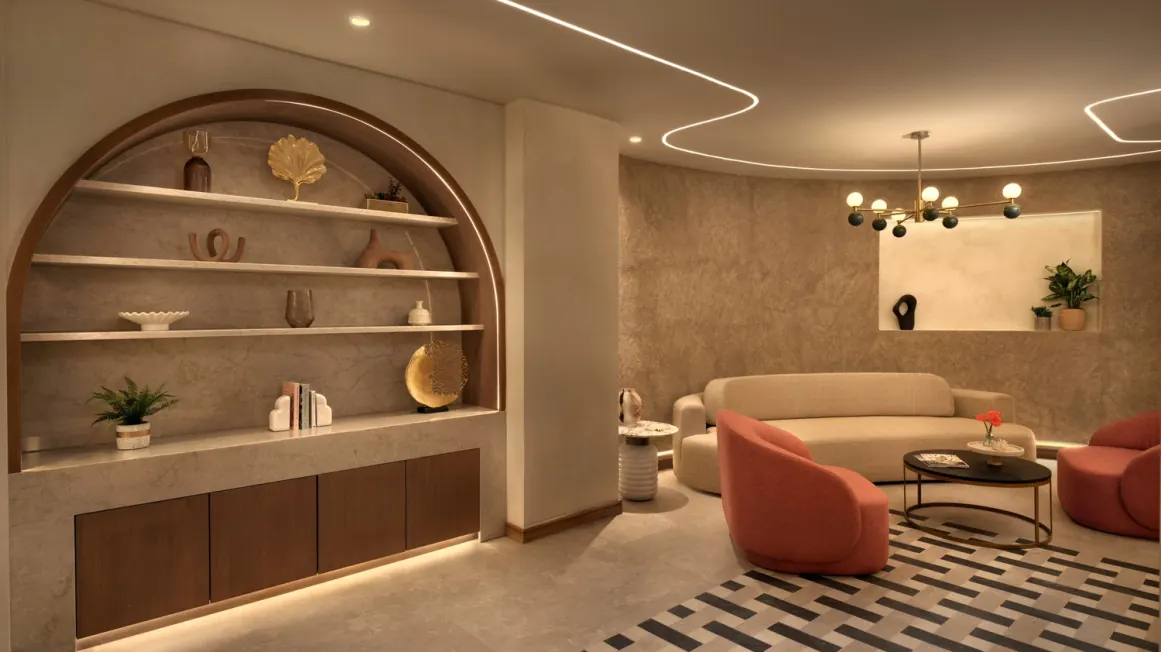 Spa relaxation lounge with arched shelving