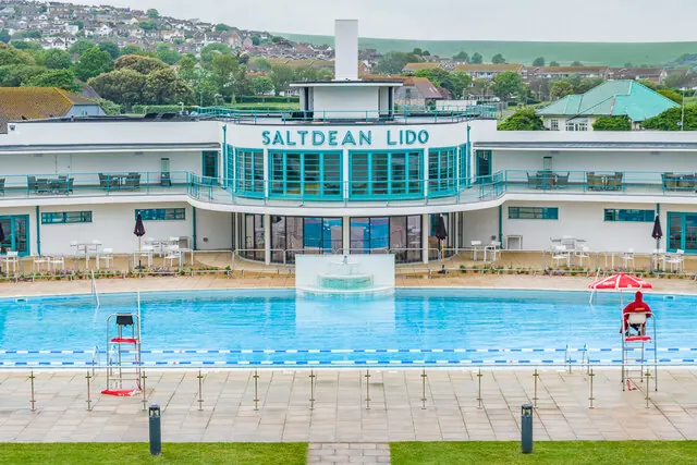 Saltdean Lido's Art Deco building and pool from above