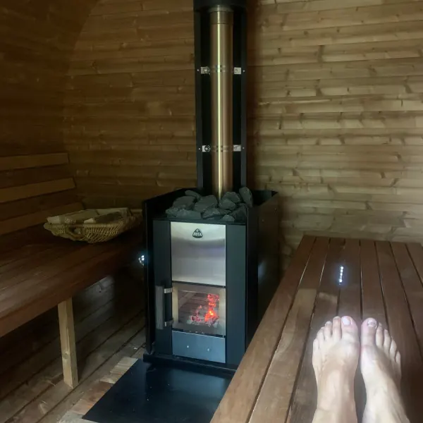 Inside the wood-fired barrel sauna